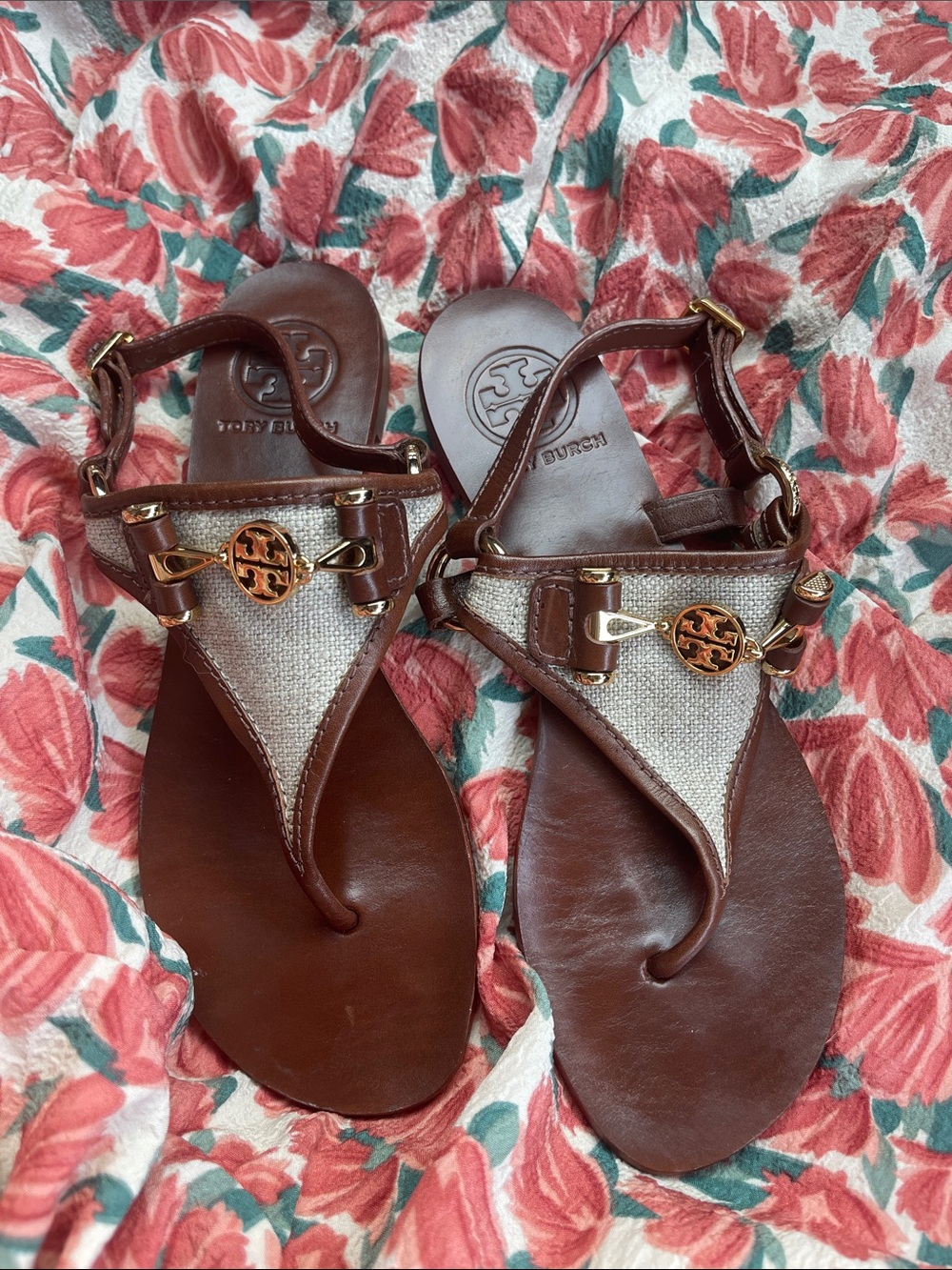 Tory Burch Brown Leather & Beige Canvas Logo Thong Sandals